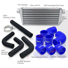 Load image into Gallery viewer, Universal 3&quot; 8 Pieces Aluminum Piping Kit Black (x2 Straight / x2 90 Degree / x2 120 Degree / x2 135 Degree) + Silicone Couplers Blue + Universal Aluminum Intercooler (Tube &amp; Fin | Overall: 30.75&quot; x 11.75&quot; x 3.0&quot; | Core: 23.5&quot; x 11.75&quot; x 3.0&quot;)
