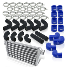 Load image into Gallery viewer, Universal 3&quot; 12 Pieces Aluminum Piping Kit Black (x2 Straight / x6 90 Degree Long / x4 90 Degree Short) + Silicone Couplers Blue + Universal Aluminum Intercooler (Tube &amp; Fin | Overall: 30.75&quot; x 11.75&quot; x 3.0&quot; | Core: 23.5&quot; x 11.75&quot; x 3.0&quot;)
