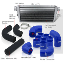 Load image into Gallery viewer, Universal 3&quot; 12 Pieces Aluminum Piping Kit Black (x2 Straight / x6 90 Degree Long / x4 90 Degree Short) + Silicone Couplers Blue + Universal Aluminum Intercooler (Tube &amp; Fin | Overall: 30.75&quot; x 11.75&quot; x 3.0&quot; | Core: 23.5&quot; x 11.75&quot; x 3.0&quot;)
