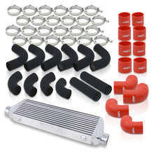 Load image into Gallery viewer, Universal 2.5&quot; 12 Pieces Aluminum Piping Kit Black (x2 Straight / x6 90 Degree Long / x4 90 Degree Short) + Silicone Couplers Red + Universal Aluminum Intercooler (Bar &amp; Plate | Overall: 27.5&quot; x 7.0&quot; x 2.5&quot; | Core: 21.5&quot; x 7.0&quot; x 2.25&quot;)
