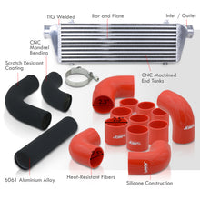Load image into Gallery viewer, Universal 2.5&quot; 12 Pieces Aluminum Piping Kit Black (x2 Straight / x6 90 Degree Long / x4 90 Degree Short) + Silicone Couplers Red + Universal Aluminum Intercooler (Bar &amp; Plate | Overall: 27.5&quot; x 7.0&quot; x 2.5&quot; | Core: 21.5&quot; x 7.0&quot; x 2.25&quot;)
