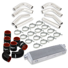 Load image into Gallery viewer, Universal 2.5&quot; 8 Pieces Aluminum Piping Kit Polished (x2 Straight / x2 90 Degree / x2 120 Degree / x2 135 Degree) + Silicone Couplers Black + Universal Aluminum Intercooler (Bar &amp; Plate | Overall: 27.5&quot; x 7.0&quot; x 2.5&quot; | Core: 21.5&quot; x 7.0&quot; x 2.25&quot;)
