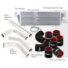 Load image into Gallery viewer, Universal 2.5&quot; 8 Pieces Aluminum Piping Kit Polished (x2 Straight / x2 90 Degree / x2 120 Degree / x2 135 Degree) + Silicone Couplers Black + Universal Aluminum Intercooler (Bar &amp; Plate | Overall: 27.5&quot; x 7.0&quot; x 2.5&quot; | Core: 21.5&quot; x 7.0&quot; x 2.25&quot;)
