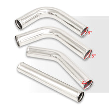 Load image into Gallery viewer, Universal 2.5&quot; 8 Pieces Aluminum Piping Kit Polished (x2 Straight / x2 90 Degree / x2 120 Degree / x2 135 Degree) + Silicone Couplers Black + Universal Aluminum Intercooler (Bar &amp; Plate | Overall: 27.5&quot; x 7.0&quot; x 2.5&quot; | Core: 21.5&quot; x 7.0&quot; x 2.25&quot;)
