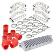 Load image into Gallery viewer, Universal 2.5&quot; 8 Pieces Aluminum Piping Kit Polished (x2 Straight / x2 90 Degree / x2 120 Degree / x2 135 Degree) + Silicone Couplers Red + Universal Aluminum Intercooler (Bar &amp; Plate | Overall: 27.5&quot; x 7.0&quot; x 2.5&quot; | Core: 21.5&quot; x 7.0&quot; x 2.25&quot;)
