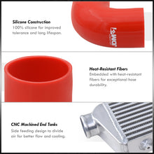Load image into Gallery viewer, Universal 2.5&quot; 8 Pieces Aluminum Piping Kit Polished (x2 Straight / x2 90 Degree / x2 120 Degree / x2 135 Degree) + Silicone Couplers Red + Universal Aluminum Intercooler (Bar &amp; Plate | Overall: 27.5&quot; x 7.0&quot; x 2.5&quot; | Core: 21.5&quot; x 7.0&quot; x 2.25&quot;)
