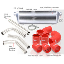 Load image into Gallery viewer, Universal 2.5&quot; 8 Pieces Aluminum Piping Kit Polished (x2 Straight / x2 90 Degree / x2 120 Degree / x2 135 Degree) + Silicone Couplers Red + Universal Aluminum Intercooler (Bar &amp; Plate | Overall: 27.5&quot; x 7.0&quot; x 2.5&quot; | Core: 21.5&quot; x 7.0&quot; x 2.25&quot;)
