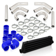 Load image into Gallery viewer, Universal 2.5&quot; 8 Pieces Aluminum Piping Kit Polished (x2 Straight / x2 90 Degree / x2 135 Degree / x2 U-Pipe) + Silicone Couplers Blue + Universal Aluminum Intercooler Black (Tube &amp; Fin | Overall: 27.5&quot; x 7.0&quot; x 2.5&quot; | Core: 21.5&quot; x 7.0&quot; x 2.25&quot;)
