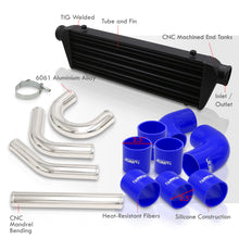 Load image into Gallery viewer, Universal 2.5&quot; 8 Pieces Aluminum Piping Kit Polished (x2 Straight / x2 90 Degree / x2 135 Degree / x2 U-Pipe) + Silicone Couplers Blue + Universal Aluminum Intercooler Black (Tube &amp; Fin | Overall: 27.5&quot; x 7.0&quot; x 2.5&quot; | Core: 21.5&quot; x 7.0&quot; x 2.25&quot;)
