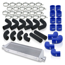 Load image into Gallery viewer, Universal 2.5&quot; 12 Pieces Aluminum Piping Kit Black (x2 Straight / x6 90 Degree Long / x4 90 Degree Short) + Silicone Couplers Blue + Universal Aluminum Intercooler (Bar &amp; Plate | Overall: 27.5&quot; x 7.0&quot; x 2.5&quot; | Core: 21.5&quot; x 7.0&quot; x 2.25&quot;)
