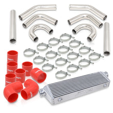 Load image into Gallery viewer, Universal 2.5&quot; 8 Pieces Aluminum Piping Kit Polished (x2 Straight / x2 90 Degree / x2 135 Degree / x2 U-Pipe) + Silicone Couplers Red + Universal Aluminum Intercooler (Bar &amp; Plate | Overall: 27.5&quot; x 7.0&quot; x 2.5&quot; | Core: 21.5&quot; x 7.0&quot; x 2.25&quot;)
