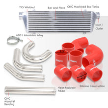 Load image into Gallery viewer, Universal 2.5&quot; 8 Pieces Aluminum Piping Kit Polished (x2 Straight / x2 90 Degree / x2 135 Degree / x2 U-Pipe) + Silicone Couplers Red + Universal Aluminum Intercooler (Bar &amp; Plate | Overall: 27.5&quot; x 7.0&quot; x 2.5&quot; | Core: 21.5&quot; x 7.0&quot; x 2.25&quot;)
