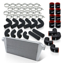 Load image into Gallery viewer, Universal 3&quot; 12 Pieces Aluminum Piping Kit Black (x2 Straight / x6 90 Degree Long / x4 90 Degree Short) + Silicone Couplers Black + Universal Aluminum Intercooler (Bar &amp; Plate | Overall: 31.0&quot; x 11.75&quot; x 3.0&quot; | Core: 23.0&quot; x 11.0&quot; x 3.0&quot;)
