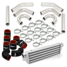 Load image into Gallery viewer, Universal 2.5&quot; 8 Pieces Aluminum Piping Kit Polished (x2 Straight / x2 90 Degree / x2 135 Degree / x2 U-Pipe) + SIlicone Couplers Black + Universal Aluminum Intercooler (Tube &amp; Fin | Overall: 27.5&quot; x 7.0&quot; x 2.5&quot; | Core: 21.5&quot; x 7.0&quot; x 2.25&quot;)
