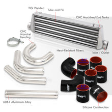 Load image into Gallery viewer, Universal 2.5&quot; 8 Pieces Aluminum Piping Kit Polished (x2 Straight / x2 90 Degree / x2 135 Degree / x2 U-Pipe) + SIlicone Couplers Black + Universal Aluminum Intercooler (Tube &amp; Fin | Overall: 27.5&quot; x 7.0&quot; x 2.5&quot; | Core: 21.5&quot; x 7.0&quot; x 2.25&quot;)
