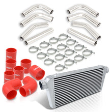 Load image into Gallery viewer, Universal 3&quot; 8 Pieces Aluminum Piping Kit Polished (x2 Straight / x2 90 Degree / x2 120 Degree / x2 135 Degree) + Silicone Couplers Red + Universal Aluminum Intercooler (Bar &amp; Plate | Overall: 31.0&quot; x 11.75&quot; x 3.0&quot; | Core: 23.0&quot; x 11.0&quot; x 3.0&quot;)
