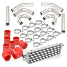 Load image into Gallery viewer, Universal 2.5&quot; 8 Pieces Aluminum Piping Kit Polished (x2 Straight / x2 90 Degree / x2 135 Degree / x2 U-Pipe) + SIlicone Couplers Red + Universal Aluminum Intercooler (Tube &amp; Fin | Overall: 27.5&quot; x 7.0&quot; x 2.5&quot; | Core: 21.5&quot; x 7.0&quot; x 2.25&quot;)
