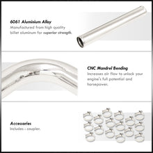 Load image into Gallery viewer, Universal 2.5&quot; 8 Pieces Aluminum Piping Kit Polished (x2 Straight / x2 90 Degree / x2 120 Degree / x2 135 Degree) + Silicone Couplers Red + Universal Aluminum Intercooler Black (Tube &amp; Fin | Overall: 27.5&quot; x 7.0&quot; x 2.5&quot; | Core: 21.5&quot; x 7.0&quot; x 2.25&quot;)
