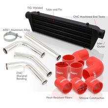 Load image into Gallery viewer, Universal 2.5&quot; 8 Pieces Aluminum Piping Kit Polished (x2 Straight / x2 90 Degree / x2 120 Degree / x2 135 Degree) + Silicone Couplers Red + Universal Aluminum Intercooler Black (Tube &amp; Fin | Overall: 27.5&quot; x 7.0&quot; x 2.5&quot; | Core: 21.5&quot; x 7.0&quot; x 2.25&quot;)
