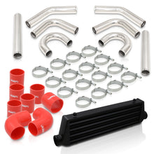 Load image into Gallery viewer, Universal 2.5&quot; 8 Pieces Aluminum Piping Kit Polished (x2 Straight / x2 90 Degree / x2 135 Degree / x2 U-Pipe) + Silicone Couplers Red + Universal Aluminum Intercooler Black (Tube &amp; Fin | Overall: 27.5&quot; x 7.0&quot; x 2.5&quot; | Core: 21.5&quot; x 7.0&quot; x 2.25&quot;)
