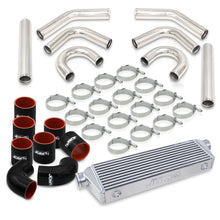 Load image into Gallery viewer, Universal 2.5&quot; 8 Pieces Aluminum Piping Kit Polished (x2 Straight / x2 90 Degree / x2 135 Degree / x2 U-Pipe) + Silicone Couplers Black + Universal Aluminum Intercooler (Bar &amp; Plate | Overall: 27.5&quot; x 7.0&quot; x 2.5&quot; | Core: 21.5&quot; x 7.0&quot; x 2.25&quot;)
