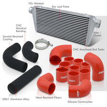 Load image into Gallery viewer, Universal 3&quot; 12 Pieces Aluminum Piping Kit Black (x2 Straight / x6 90 Degree Long / x4 90 Degree Short) + Silicone Couplers Red + Universal Aluminum Intercooler (Bar &amp; Plate | Overall: 31.0&quot; x 11.75&quot; x 3.0&quot; | Core: 23.0&quot; x 11.0&quot; x 3.0&quot;)
