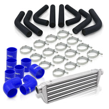 Load image into Gallery viewer, Universal 2.5" 8 Pieces Aluminum Piping Kit Black (x2 Straight / x2 90 Degree / x2 120 Degree / x2 135 Degree) + SIlicone Couplers Blue + Universal Aluminum Intercooler (Tube &amp; Fin | Overall: 27.5" x 7.0" x 2.5" | Core: 21.5" x 7.0" x 2.25")

