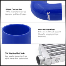 Load image into Gallery viewer, Universal 2.5" 8 Pieces Aluminum Piping Kit Black (x2 Straight / x2 90 Degree / x2 120 Degree / x2 135 Degree) + SIlicone Couplers Blue + Universal Aluminum Intercooler (Tube &amp; Fin | Overall: 27.5" x 7.0" x 2.5" | Core: 21.5" x 7.0" x 2.25")

