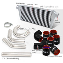 Load image into Gallery viewer, Universal 3&quot; 8 Pieces Aluminum Piping Kit Polished (x2 Straight / x2 90 Degree / x2 135 Degree / x2 U-Pipe) + Silicone Couplers Black + Universal Aluminum Intercooler (Bar &amp; Plate | Overall: 31.0&quot; x 11.75&quot; x 3.0&quot; | Core: 23.0&quot; x 11.0&quot; x 3.0&quot;)
