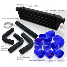 Load image into Gallery viewer, Universal 2.5" 8 Pieces Aluminum Piping Kit Black (x2 Straight / x2 90 Degree / x2 120 Degree / x2 135 Degree) + SIlicone Couplers Blue + Universal Aluminum Intercooler Black (Tube &amp; Fin | Overall: 27.5" x 7.0" x 2.5" | Core: 21.5" x 7.0" x 2.25")
