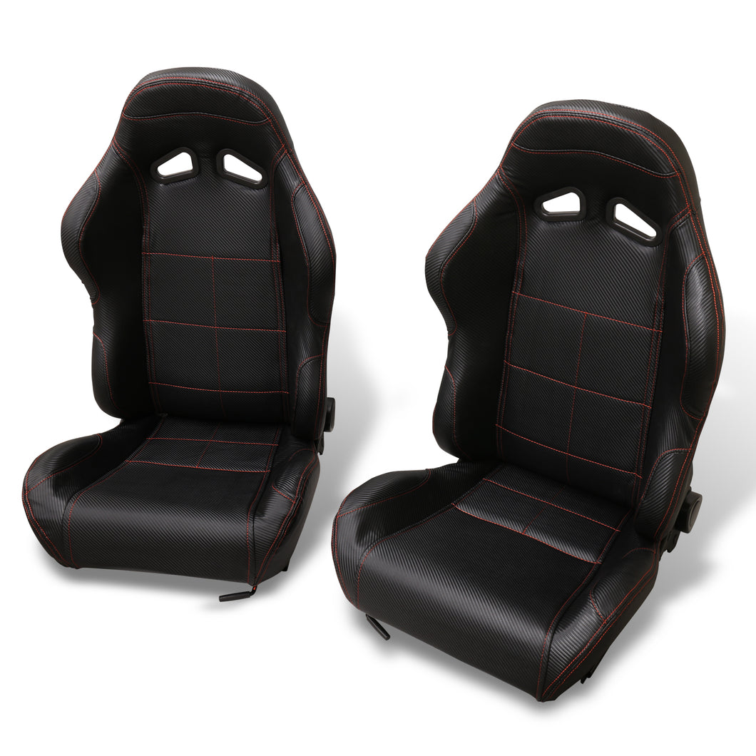Universal Reclinable PVC Leather Racing Seats + Sliders Black Cloth with Red Stitching