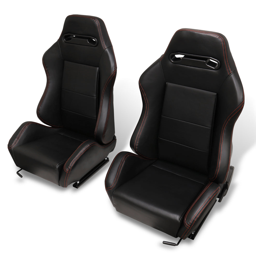 Universal Type-R Style Reclinable Racing Seats + Sliders Black PVC Leather with Red Stitching