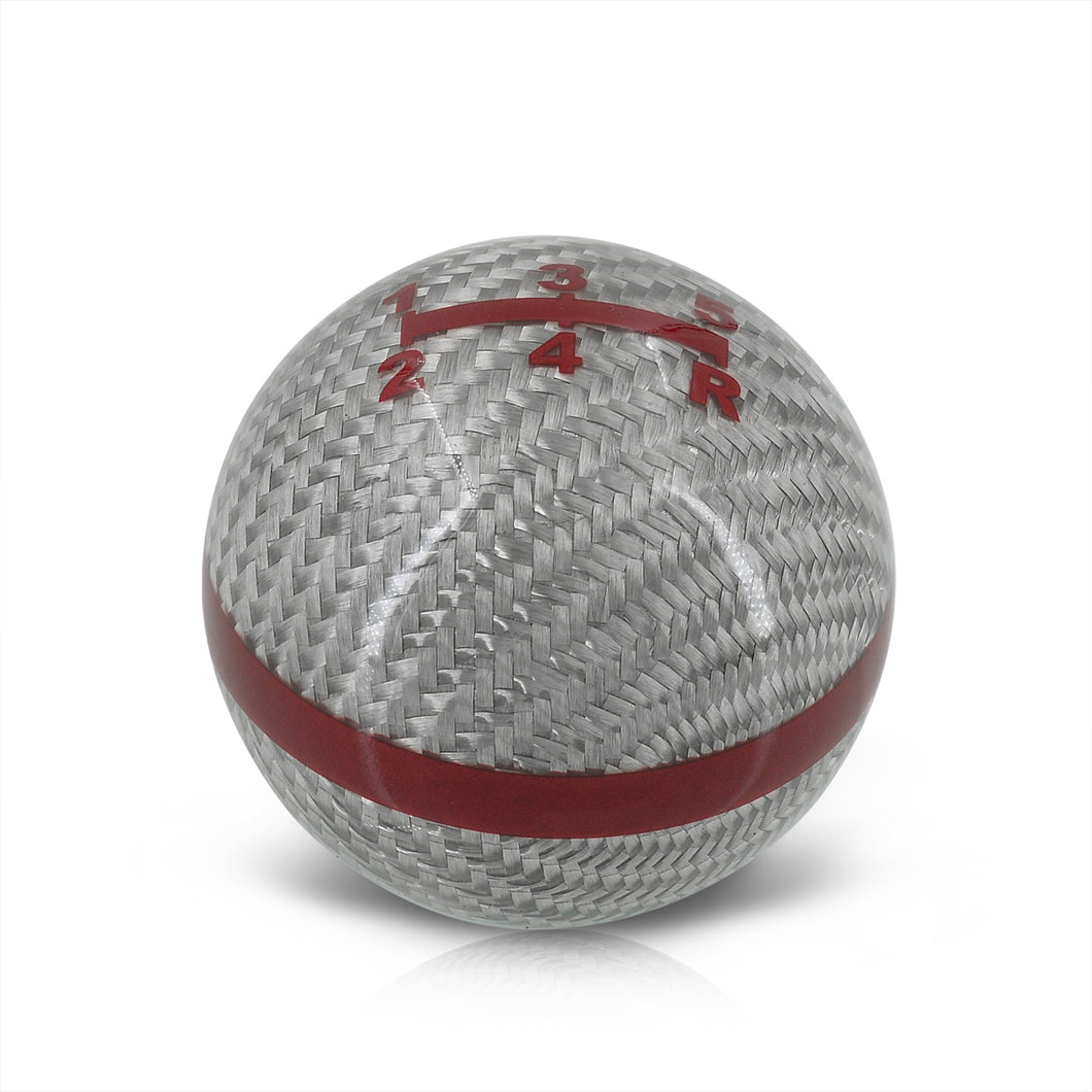 Universal 5 Speed M10x1.5 Ball Shift Knob Silver Carbon Fiber with Red Rings