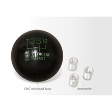 Load image into Gallery viewer, Universal 6 Speed M8 M10 M12 Fuckin&#39; Fast Ball Shift Knob Black with Green Lettering (Top Right Reverse)
