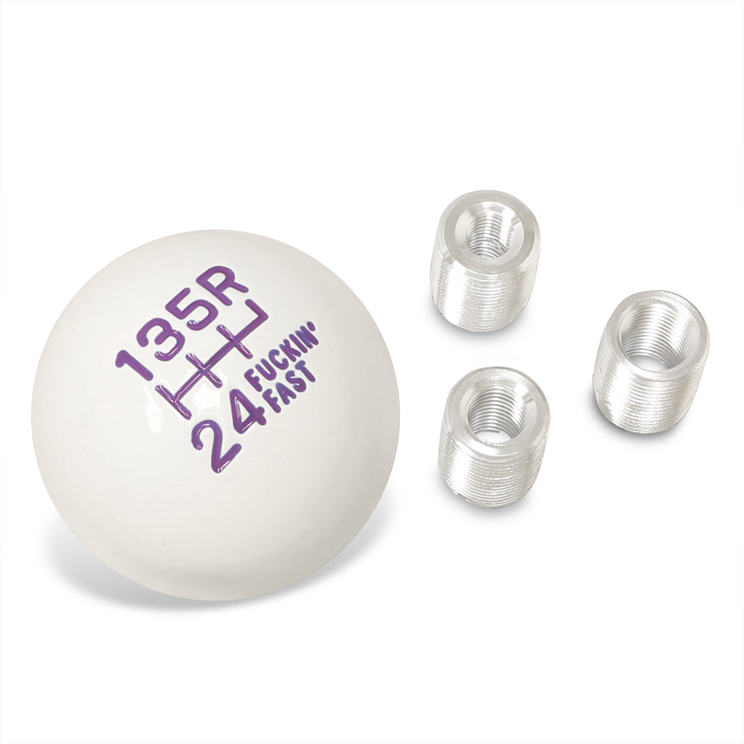 Universal 6 Speed M8 M10 M12 Fuckin' Fast Ball Shift Knob White with Purple Lettering (Top Right Reverse)