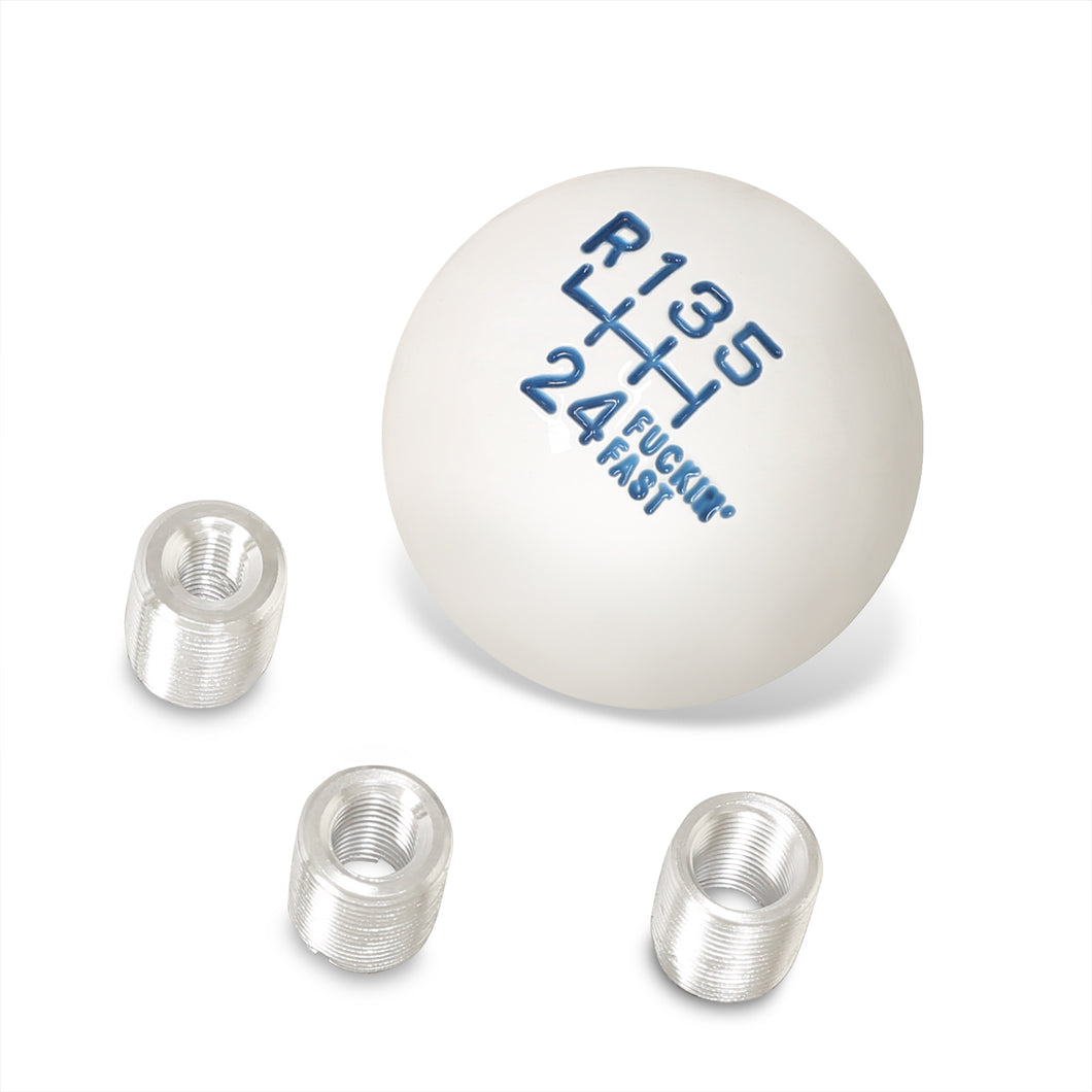 Universal 6 Speed M8 M10 M12 Fuckin' Fast Ball Shift Knob White with Blue Lettering (Top Left Reverse)