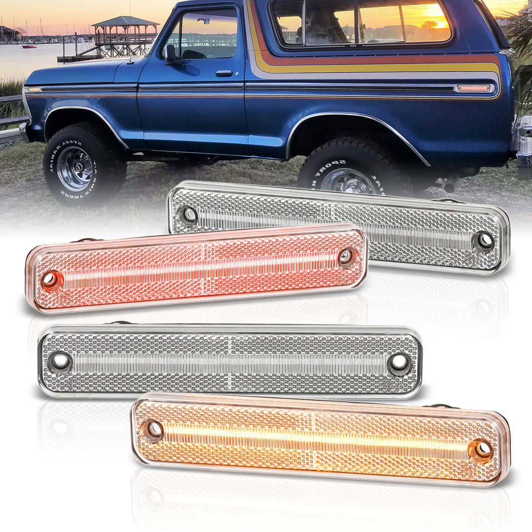 Ford Bronco 1978-1979 / F100 F150 F250 1973-1979 / E150 E350 Econoline 1975-1991 4 Piece Front Amber & Rear Red LED Side Marker Lights Clear Len