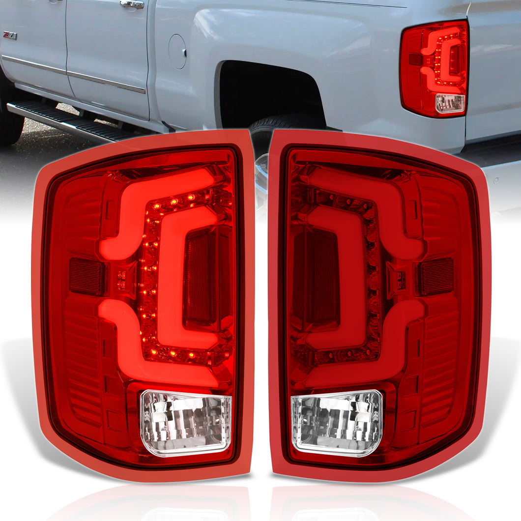 Chevrolet Silverado 1500 2014-2018 / 1500LD 2019 / 2500HD 3500HD 2015-2019 / GMC Sierra 3500HD Dually 2015-2019 LED Bar Tail Lights Chrome Housing Red Len White Tube (Excluding OEM LED Models)