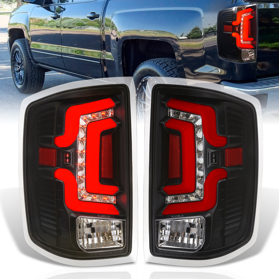 Chevrolet Silverado 1500 2014-2018 / 1500LD 2019 / 2500HD 3500HD 2015-2019 / GMC Sierra 3500HD Dually 2015-2019 LED Bar Tail Lights Black Housing Clear Len Red Tube (Excluding OEM LED Models)