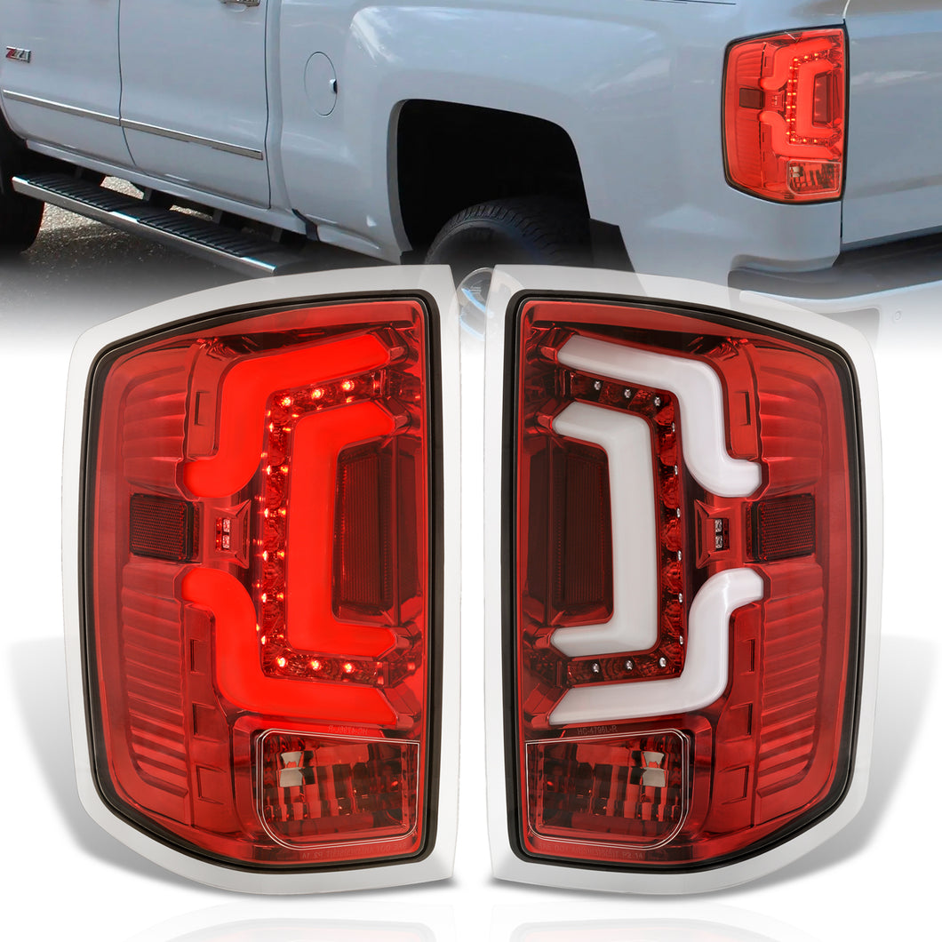 Chevrolet Silverado 1500 2014-2018 / 1500LD 2019 / 2500HD 3500HD 2015-2019 / GMC Sierra 3500HD Dually 2015-2019 LED Bar Tail Lights Red Housing Clear Len White Tube (Excluding OEM LED Models)