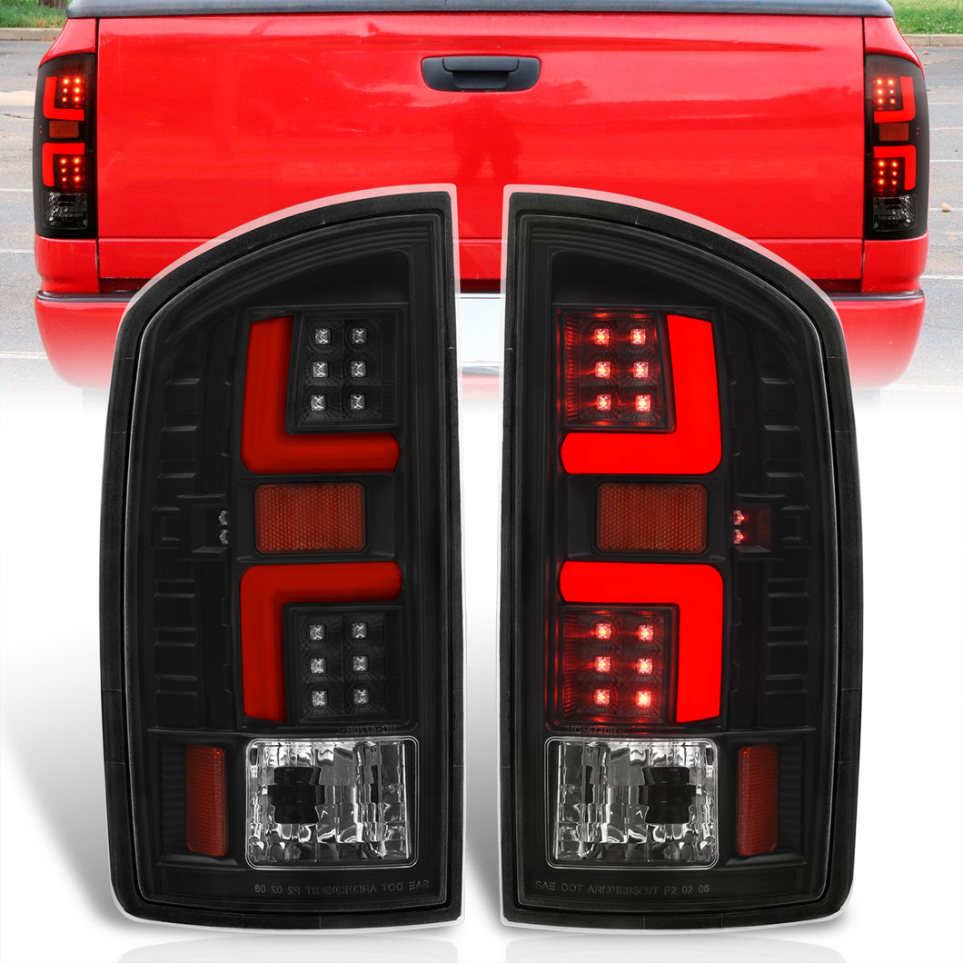 Dodge Ram 1500 2002-2006 / 2500 3500 2003-2006 LED Bar Tail Lights Black Housing Clear Len Red Tube (Excluding OEM LED Models)