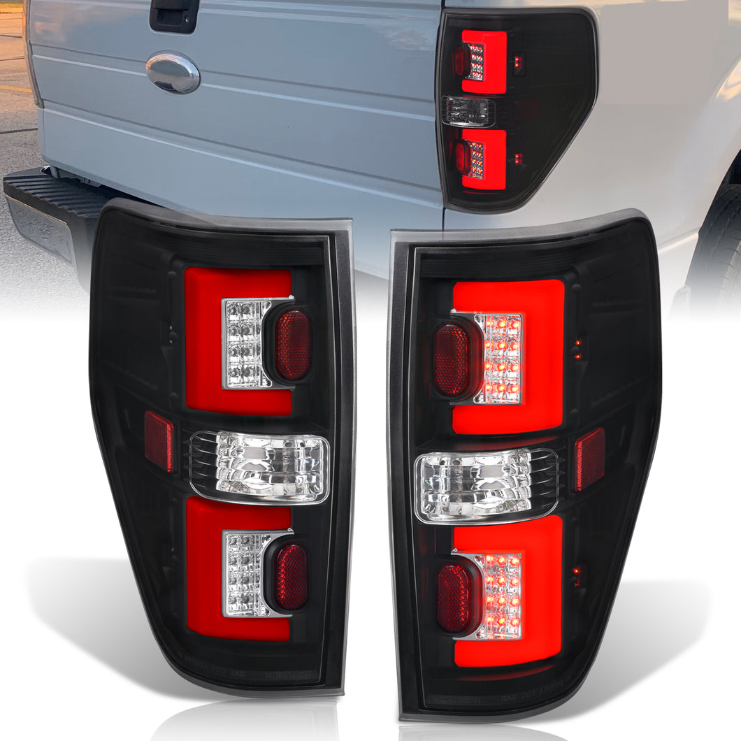 Ford F150 Styleside 2009-2014 LED Bar Tail Lights Black Housing Clear Len Red Tube