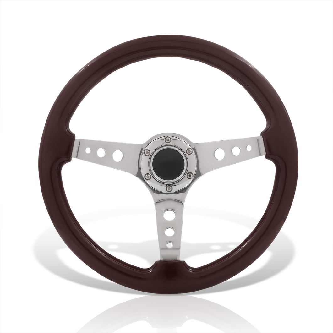 Universal 350mm Heavy Duty Steel Wood Grain Style Steering Wheel Polished Center Dark Wood