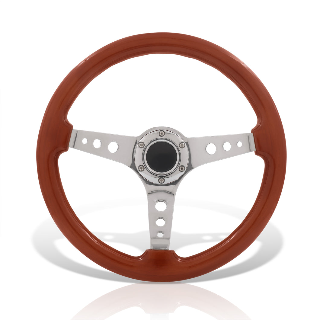 Universal 350mm Heavy Duty Steel Wood Grain Style Steering Wheel Polished Center Light Wood