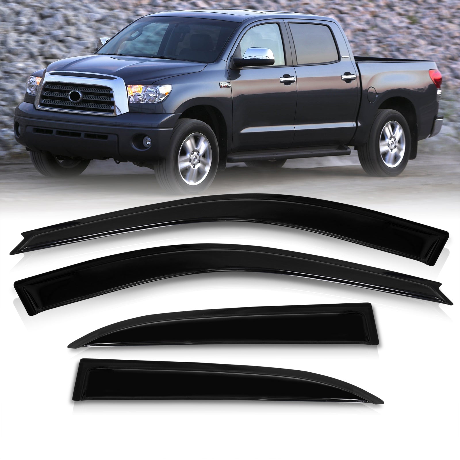 thumbnail image 2 of In-Channel Rain Guards For Toyota Tundra CrewMax 2007-2021 - 4pc Black Deflectors 2 of 5