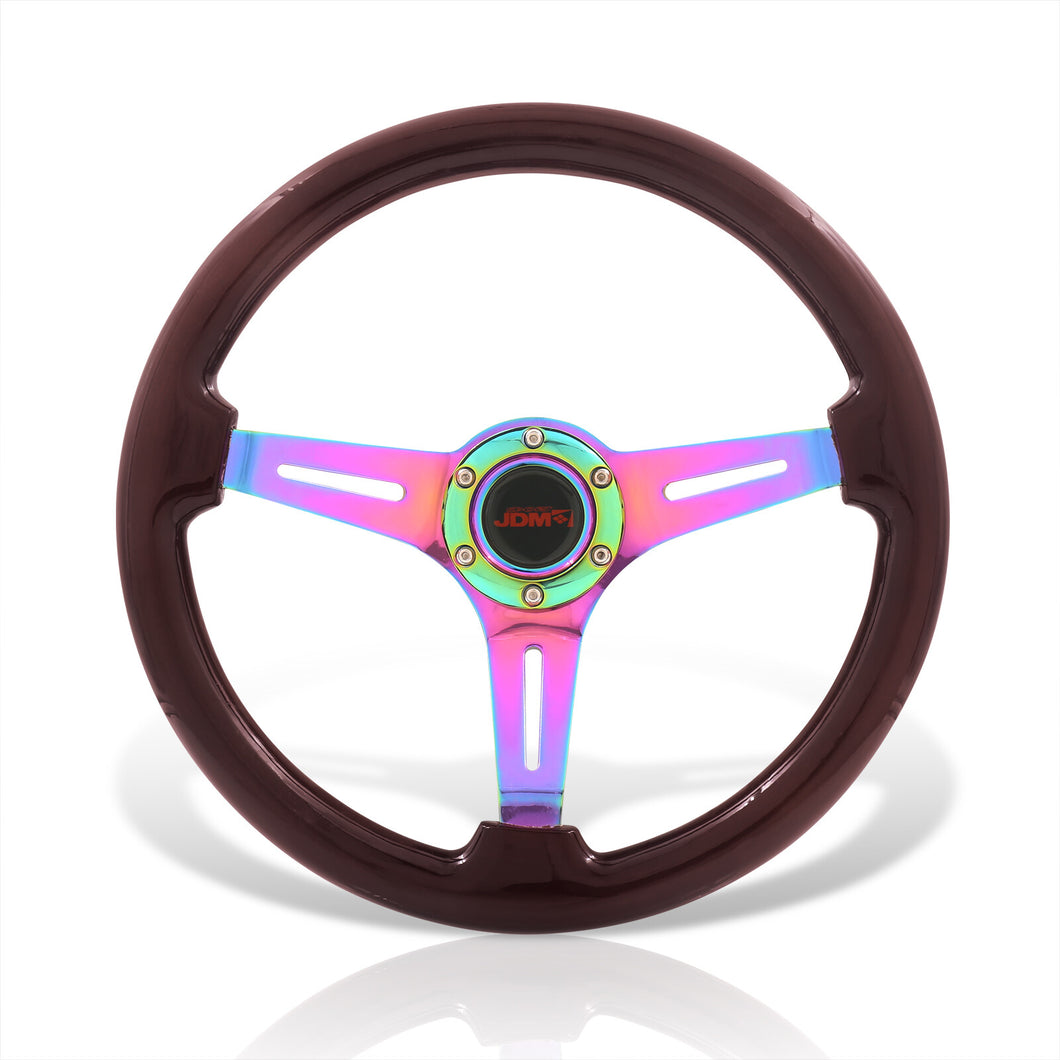 JDM Sport Universal 350mm Wood Grain Style Steel Steering Wheel Neo Chrome Center Dark Wood