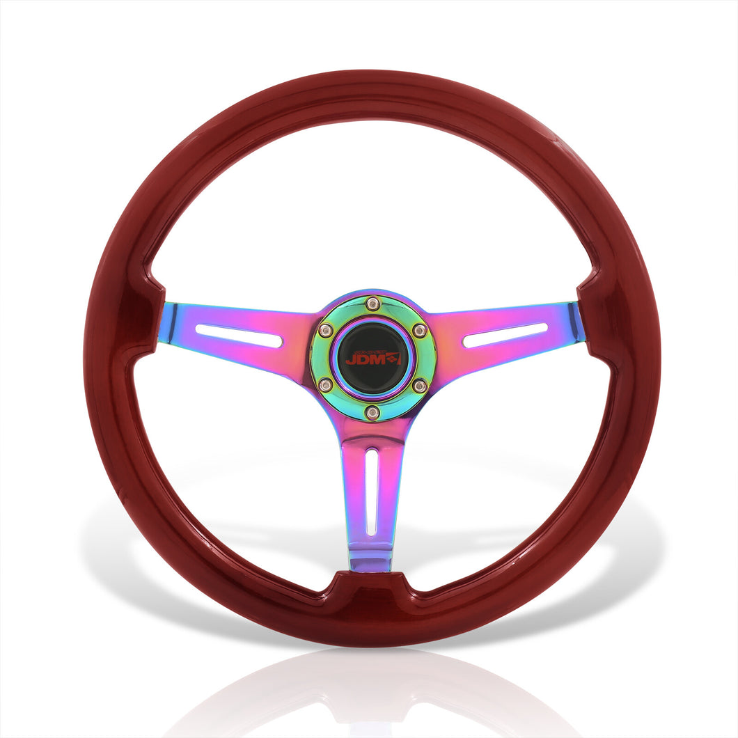 JDM Sport Universal 350mm Wood Grain Style Steel Steering Wheel Neo Chrome Center Light Wood