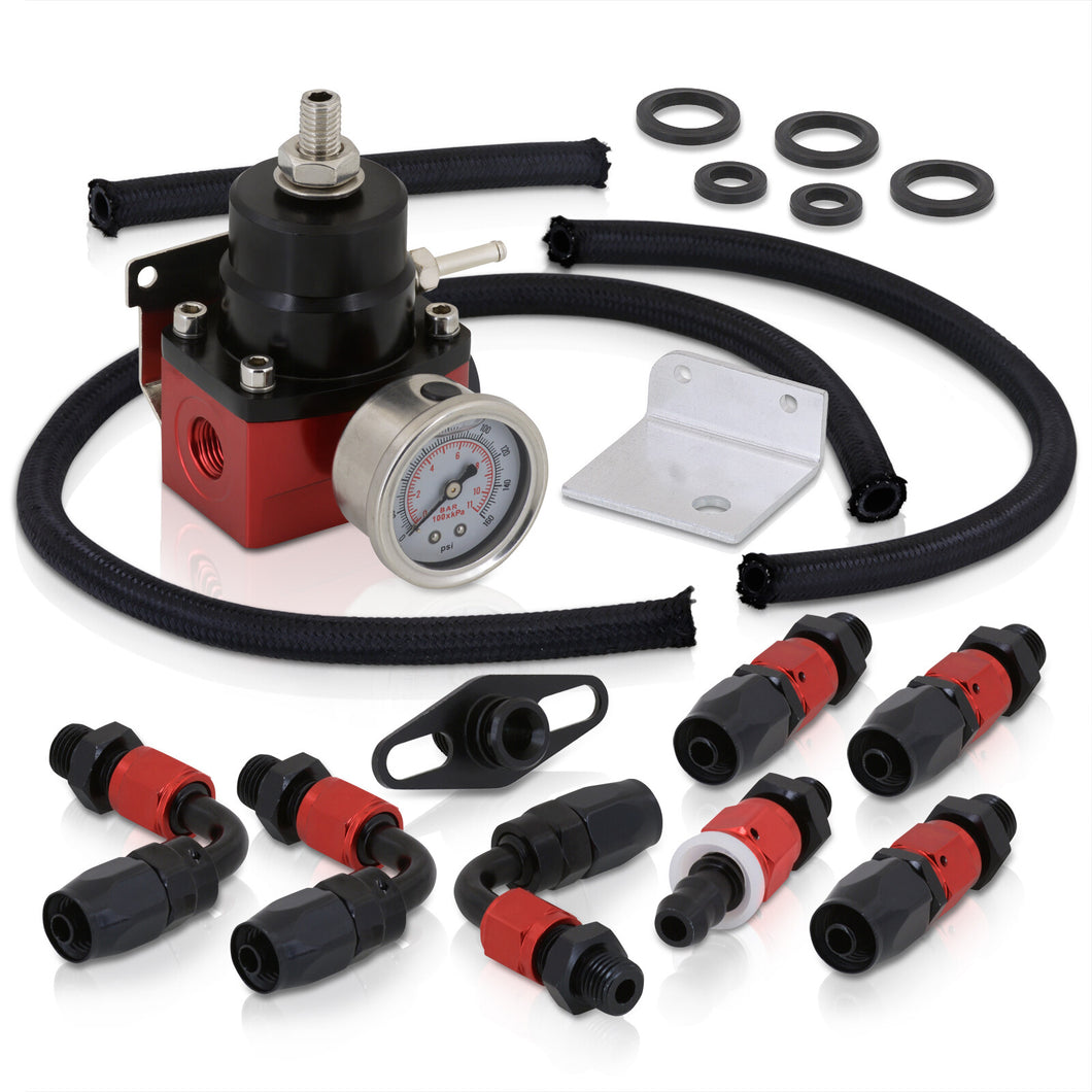 Black/Red Adjustable Fuel Pressure Regulator Gauge Kit & An6 Fitting Ends Universal