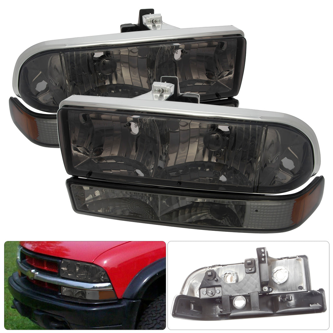 Chevrolet S10 Pickup 1998-2004 / Blazer 1998-2004 Factory Style Headlights + Bumpers Chrome Housing Smoke Len Clear Reflector