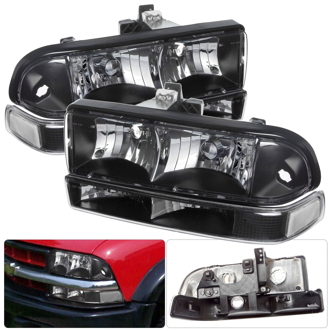 Chevrolet S10 Pickup 1998-2004 / Blazer 1998-2004 Factory Style Headlights + Bumpers Black Housing Clear Len Clear Reflector